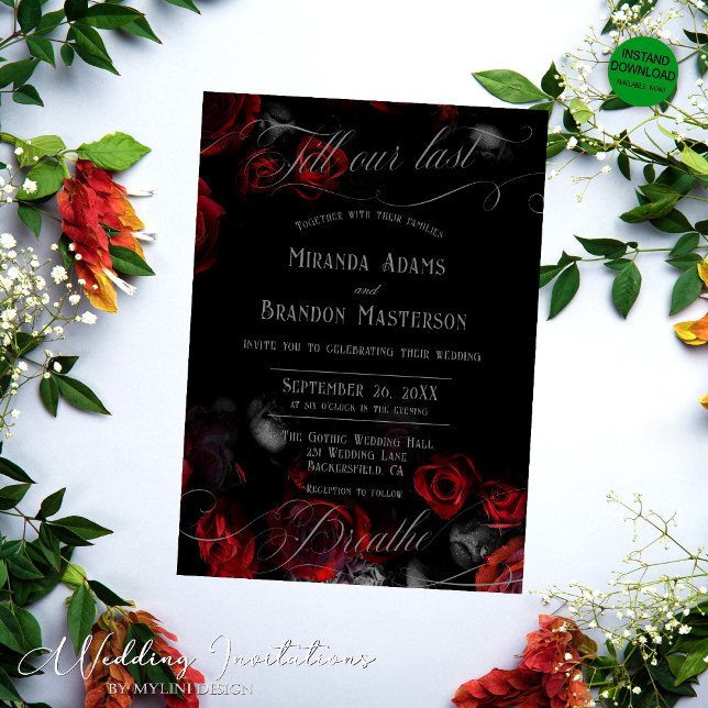 Custom Elegant Black Red Floral Wedding Invitation (Creator Uploaded)