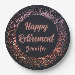 Custom Elegant Black Rose Gold Happy Retirement  Paper Plate