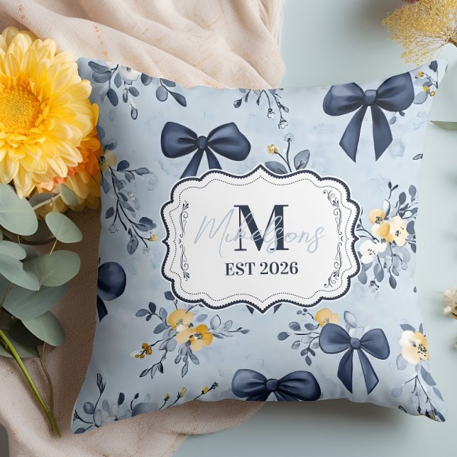Custom Elegant Blue Bow Floral Monogram Cushion (Creator Uploaded)