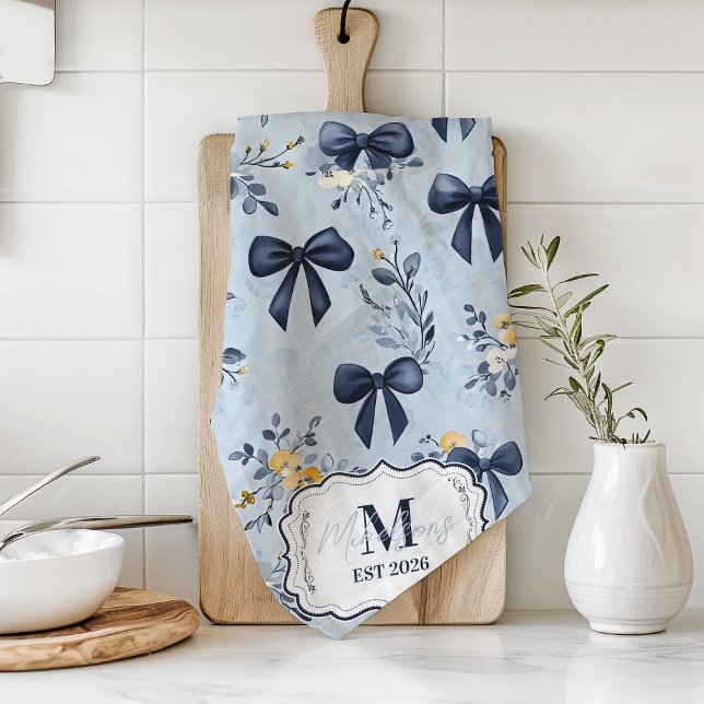 Custom Elegant Blue Bow Floral Monogram Tea Towel (Creator Uploaded)