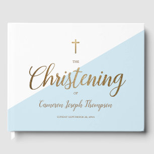 Custom Elegant Blue gold Cross Baby Christening Guest Book