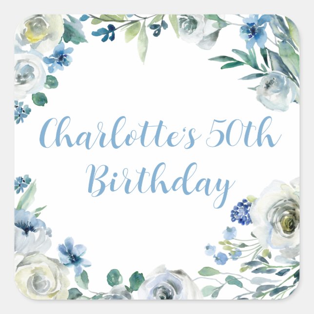 Custom Elegant Blue White Floral Birthday Party Square Sticker (Front)