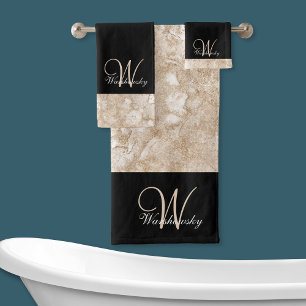 Custom Elegant Blush Pink and Black Monogrammed Bath Towel Set