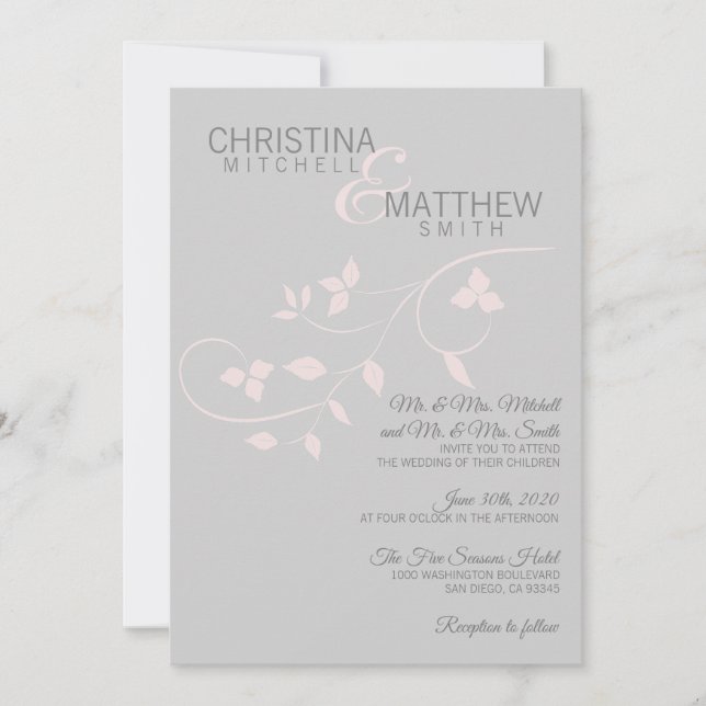 Custom Elegant Blush Pink Grey Leaves Wedding Invitation (Front)