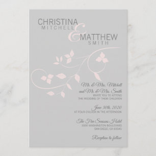 Custom Elegant Blush Pink Grey Leaves Wedding Invitation