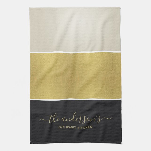 CUSTOM ELEGANT BOLD FAUX GOLD SILVER BLACK STRIPS TEA TOWEL (Vertical)