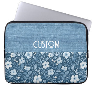 Custom Elegant Botanical Blue Faux Denim Look Laptop Sleeve