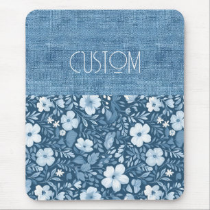 Custom Elegant Botanical Blue Faux Denim Look Mouse Pad