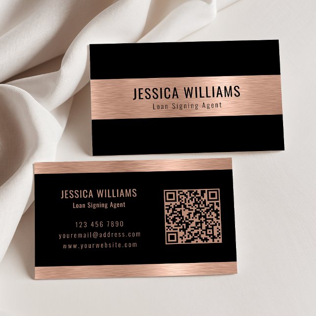 Custom Elegant Brushed Rose Gold Black QR Code Business Card (Creator Uploaded)