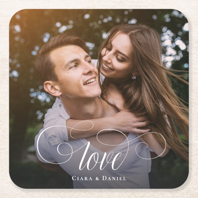 Custom Elegant Calligraphy Couple Wedding Photo Square Paper Coaster (Front)