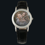 Custom Elegant Calligraphy Couple Wedding Photo Watch<br><div class="desc">Elegant wedding keepsake for Newlyweds,  Valentine's Day,  engagement,  showcasing your favourite couple photo with modern script calligraphy reading LOVE over your custom text like names and / or date or a personal message over a dark gradient to make the typography stand out.</div>