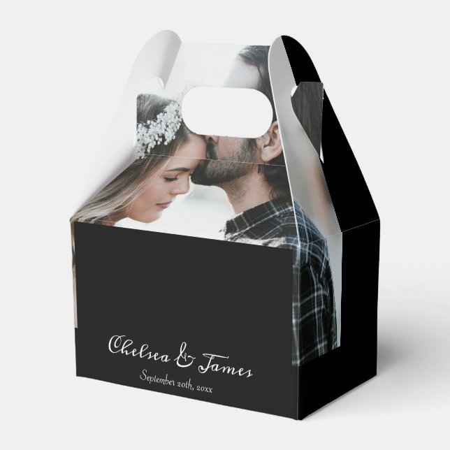 Custom Elegant Calligraphy Photo Wedding Black  Favour Box (Front Side)
