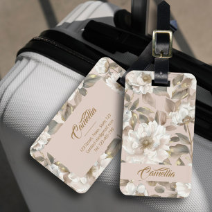 Custom Elegant Chic Big Camellia Flower Pink Gold Luggage Tag