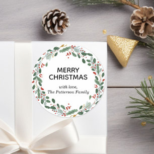 Custom Elegant Christmas Wreath Family Name Classic Round Sticker