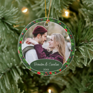 Custom Elegant Classic Couple Photo 1st Christmas Ceramic Tree Decoration