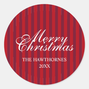 Custom Elegant Classic Script Christmas Stripe Round Sticker