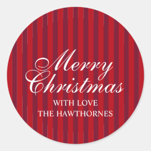Custom Elegant Classic Script Christmas Stripe Round Sticker