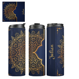 Custom Elegant Dark Blue Faux Gold Mandala Thermal Tumbler