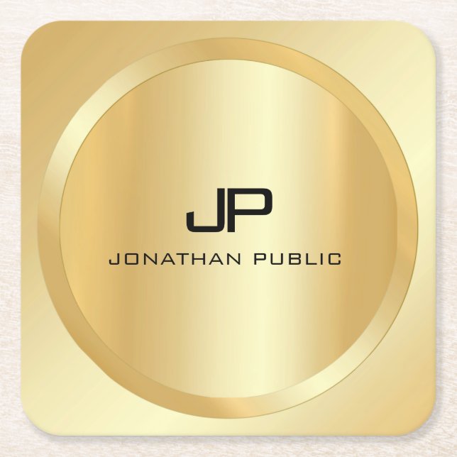 Custom Elegant Faux Gold Monogram Modern Template Square Paper Coaster (Front)