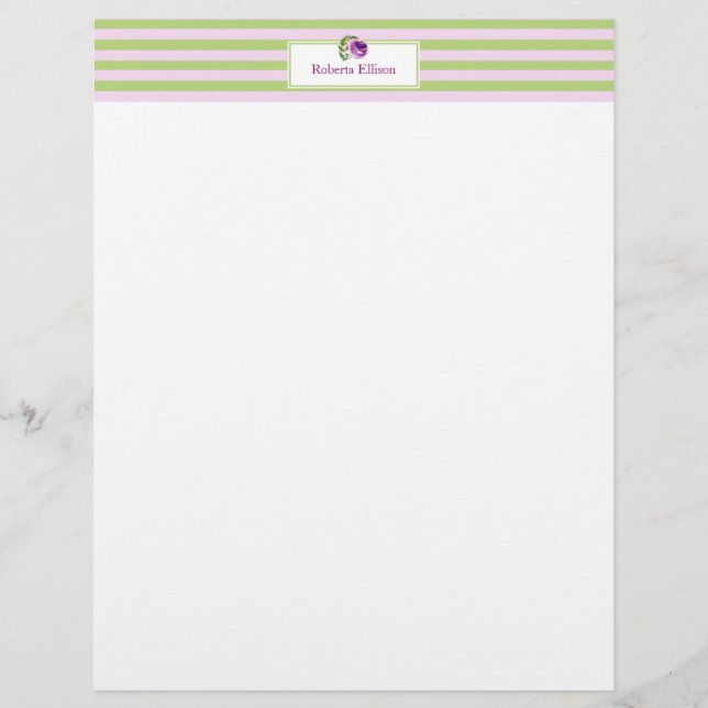 Custom Elegant Floral Pastel Horizontal Stripes Custom Letterhead (Front)