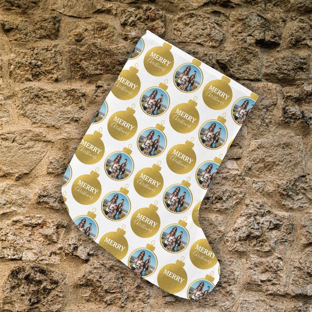 Custom Elegant Gold Photo Ornaments Christmas Large Christmas Stocking (Custom Elegant Gold Photo Ornaments Christmas Large Christmas Stocking)