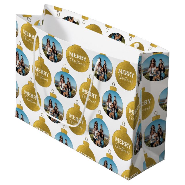Custom Elegant Gold Photo Ornaments Christmas Large Gift Bag (Front Angled)