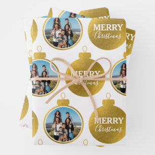 Custom Elegant Gold Photo Ornaments Christmas Wrapping Paper Sheet