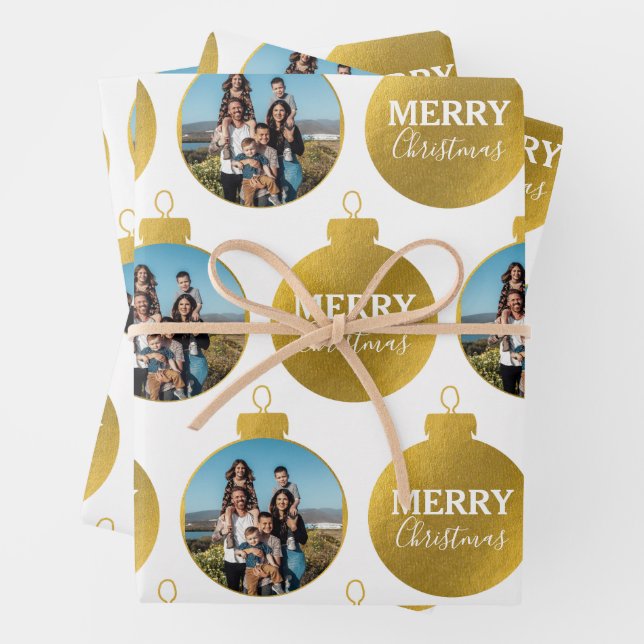 Custom Elegant Gold Photo Ornaments Christmas Wrapping Paper Sheet (In situ)