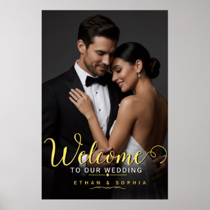 Custom Elegant Gold Photo Wedding Welcome  Poster