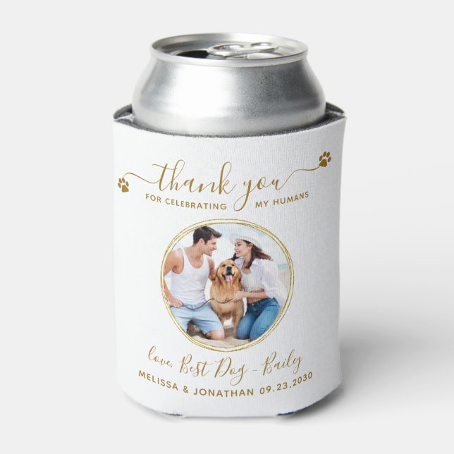 Custom Elegant Gold Thank You Photo Pet Wedding Can Cooler (Can Front)