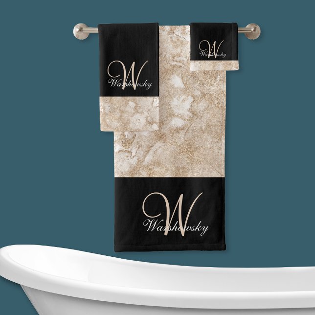 Custom Elegant Golden Tan and Black Monogrammed Bath Towel Set (Creator Uploaded)