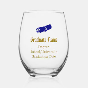Custom Elegant Graduation Diploma Blue Gold Stemless Wine Glass