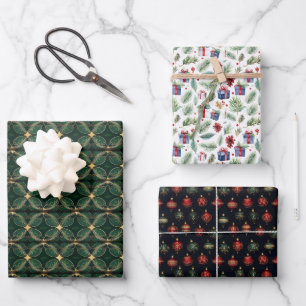 Custom Elegant Green Ornaments Gifts Christmas Set Wrapping Paper Sheet