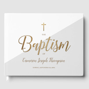 Custom Elegant Grey gold Cross Baby Baptism Guest Book