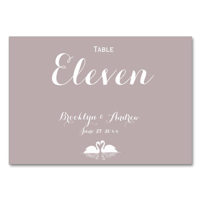 Custom Elegant Grey Wedding Table Numbers Swans (Front)