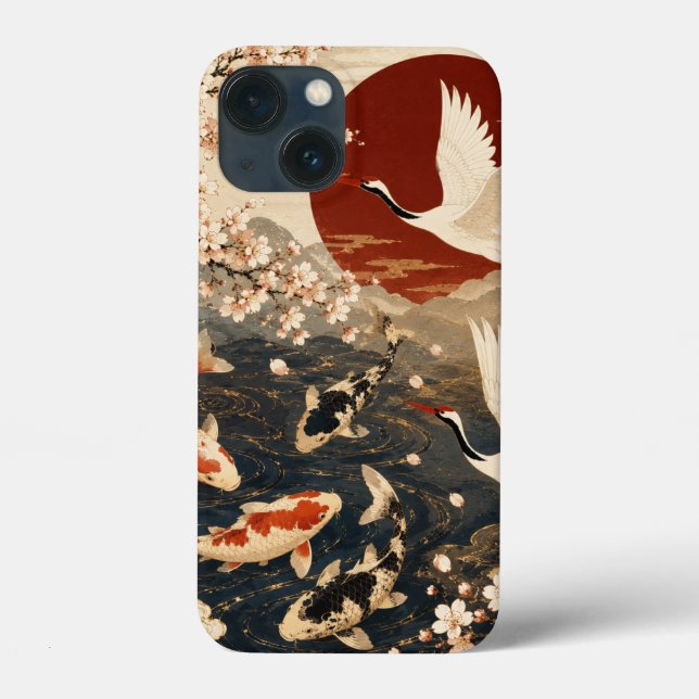 Custom Elegant Japanese Koi & Crane Art Case-Mate iPhone Case (Back)