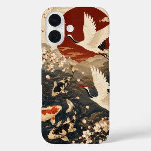 Custom Elegant Japanese Koi & Crane Art iPhone 16 Case