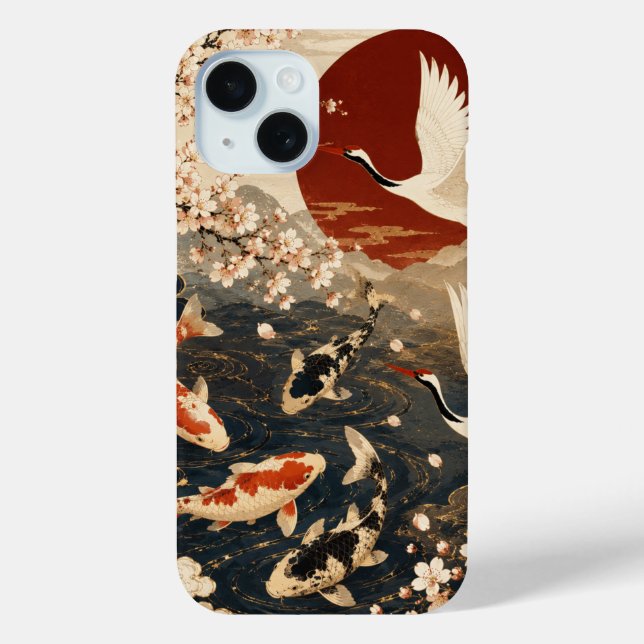 Custom Elegant Japanese Koi & Crane Art Case-Mate iPhone Case (Back)