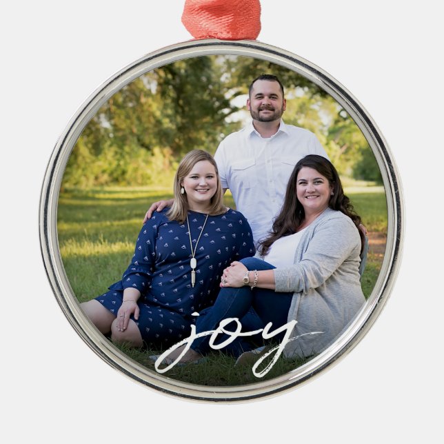 Custom Elegant Joy Family Photo Christmas Metal Tree Decoration (Front)