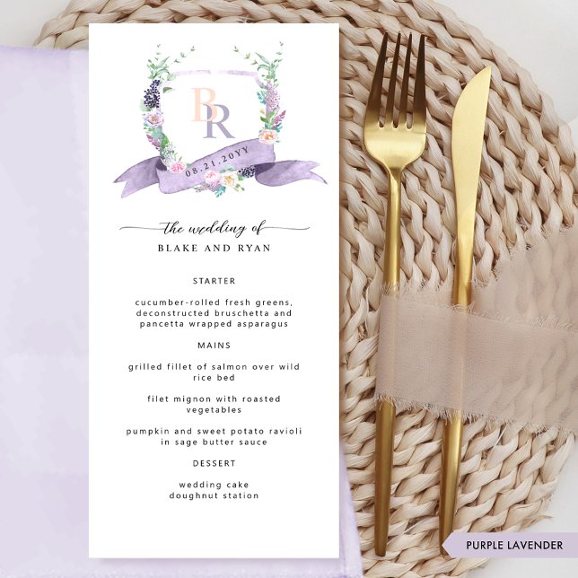 Custom Elegant Lavender Monogram Wedding Menu (Creator Uploaded)