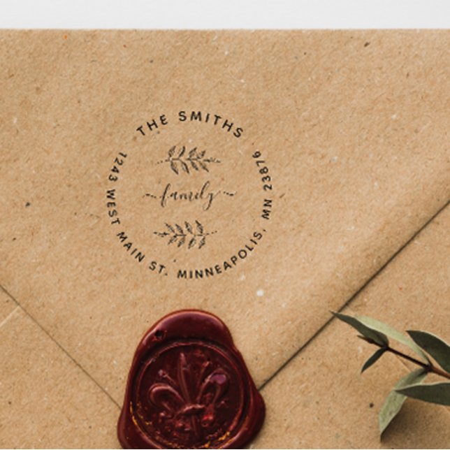 Custom Elegant Leaves Custom Family Return Address Rubber Stamp (Creator Uploaded)