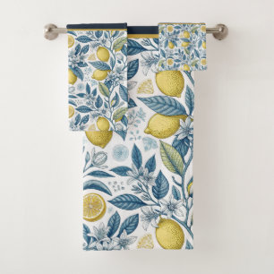 Custom Elegant Mediterranean Lemon Botanical Navy Bath Towel Set
