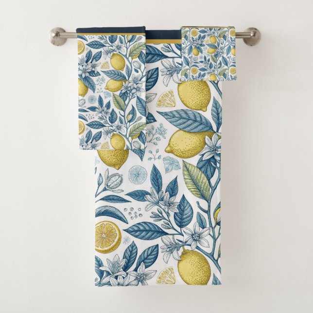 Custom Elegant Mediterranean Lemon Botanical Navy Bath Towel Set (Insitu)