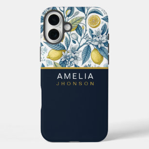 Custom Elegant Mediterranean Lemon Botanical Navy iPhone 16 Plus Case