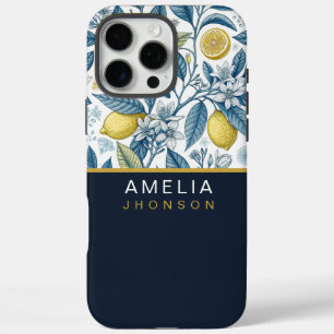 Custom Elegant Mediterranean Lemon Botanical Navy iPhone 16 Pro Max Case