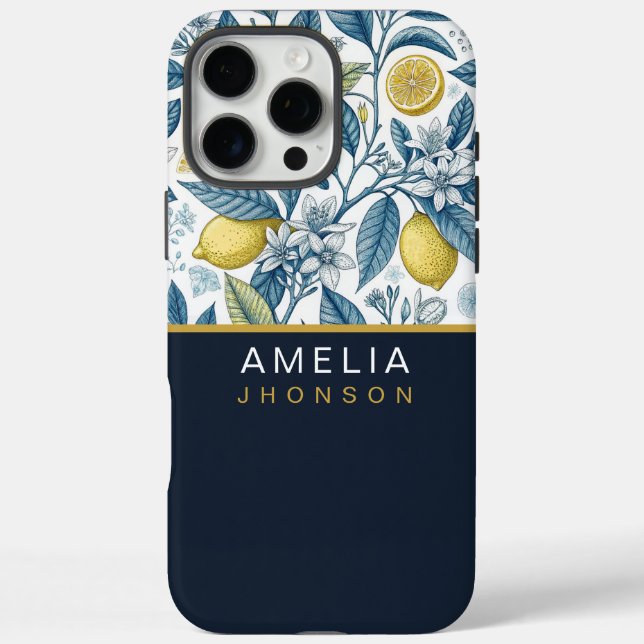 Custom Elegant Mediterranean Lemon Botanical Navy Case-Mate iPhone Case (Back)