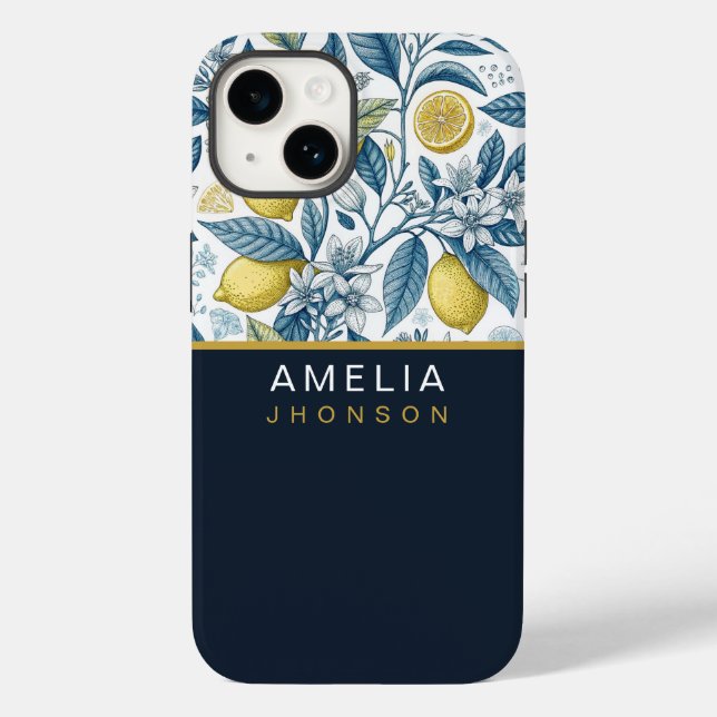 Custom Elegant Mediterranean Lemon Botanical Navy Case-Mate iPhone Case (Back)