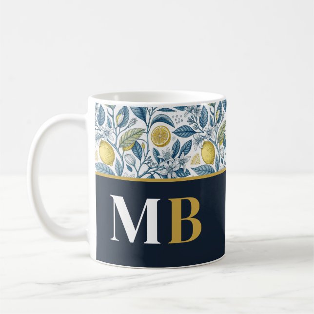 Custom Elegant Mediterranean Lemon Botanical Navy Coffee Mug (Left)