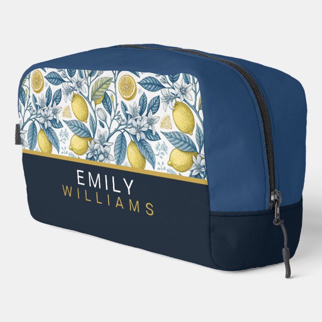Custom Elegant Mediterranean Lemon Botanical Navy Dopp Kit (Right Corner)