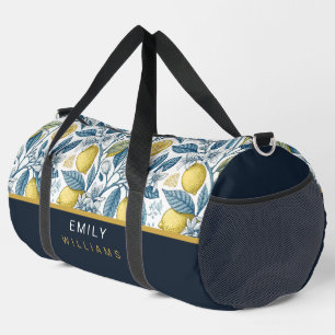 Custom Elegant Mediterranean Lemon Botanical Navy Duffle Bag